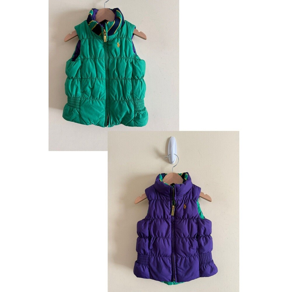 Ralph Lauren Little Girls Purple Green Reversible Down Puffer Vest Size 2/2T